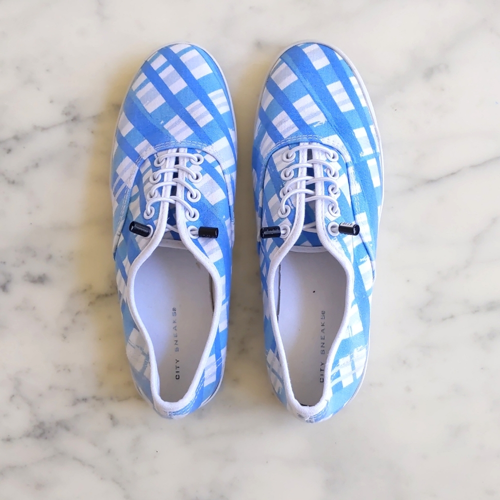 Blue and White Plaid Canvas Sneakers with non-marking soles.